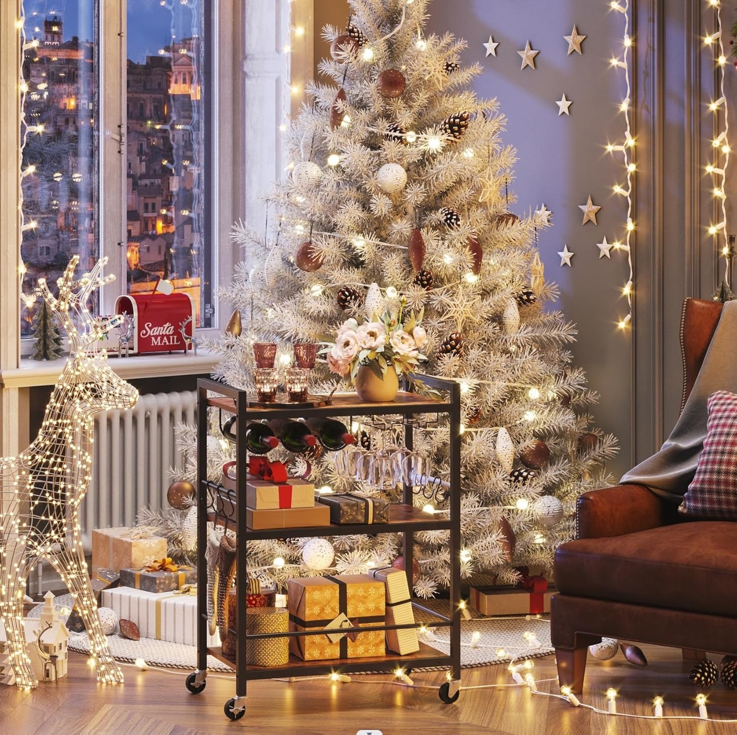 TUTOTAK Bar Cart, Serving Cart for Home, Microwave Cart, Drink Cart, Mobile Kitchen Shelf with Wine Rack and Glass Holder, Rolling Beverage Cart BC01BB030