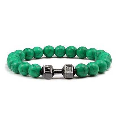 ForgeFit™ Volcanic Stone Fitness Bracelet / Natural Volcanic Stone Bracelet Men Matte Black Lave White Beads Charm Dumbbell Strand Bracelets Women Barbell Fitness Jewelry