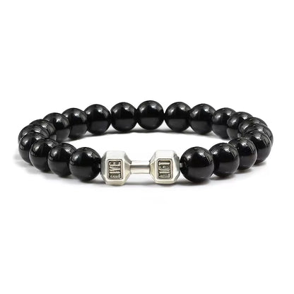 ForgeFit™ Volcanic Stone Fitness Bracelet / Natural Volcanic Stone Bracelet Men Matte Black Lave White Beads Charm Dumbbell Strand Bracelets Women Barbell Fitness Jewelry