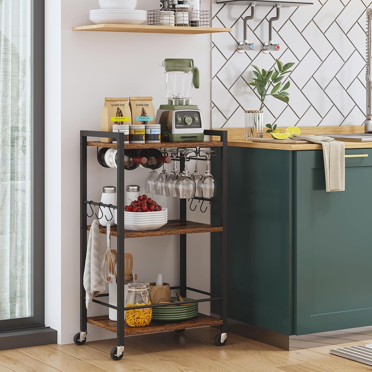 TUTOTAK Bar Cart, Home Bar Serving Cart with 3-Tier Shelf, Drink Cart with Wine Rack, Glass Holder, Rolling Bar Carts for the Home, Living Room, Brown BC01BB035