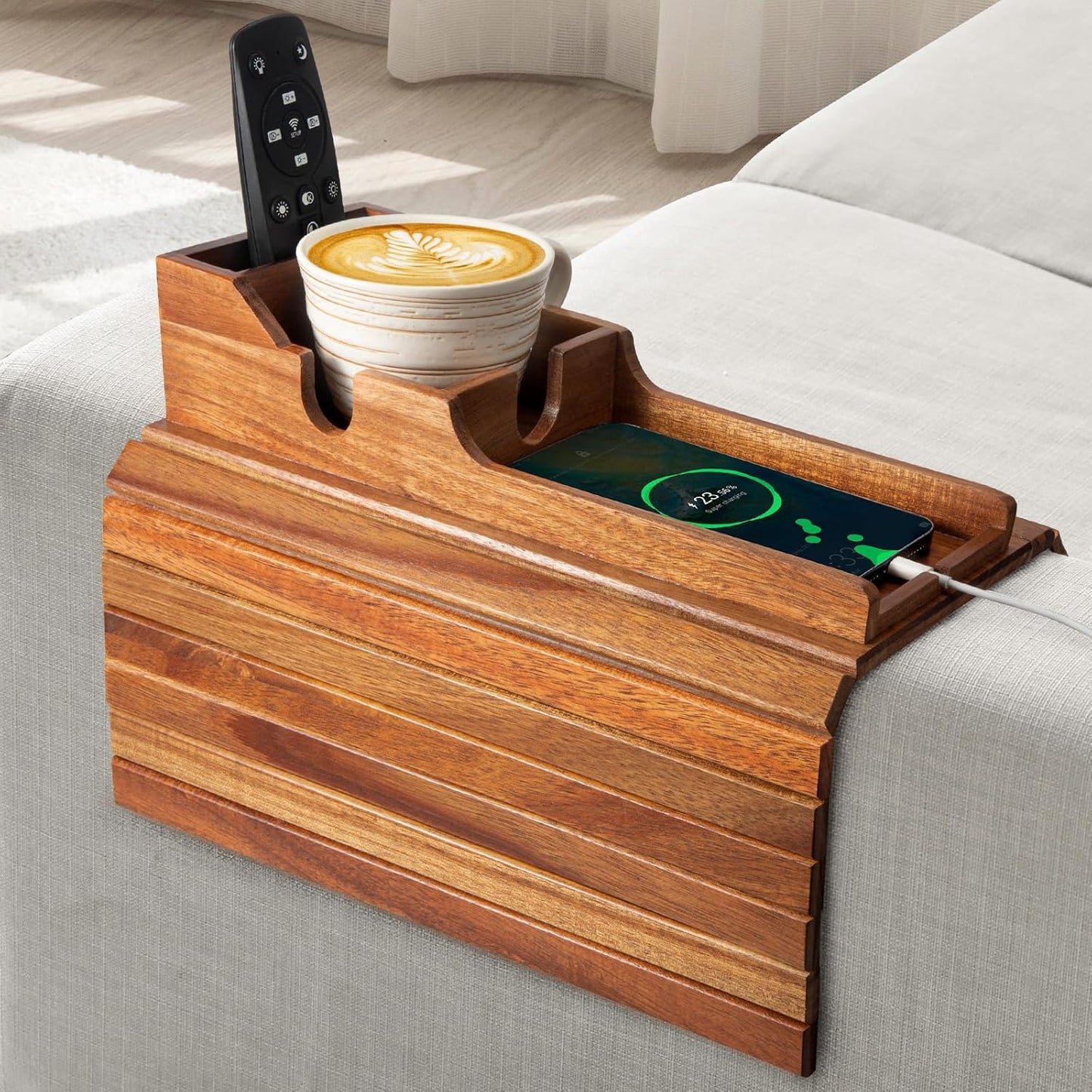 Yoshiky Bamboo Couch Armrest Table, Couch Arm Tray with Removable Couch Cup Holder, 2 in 1 Design Foldable Anti-Slip Bamboo Couch Tray and Sofa Cup Holder for Drink