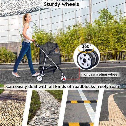Dkeli 3-Wheel Pet Stroller, Lightweight Foldable Dog Stroller for Small Medium Dogs & Cats, Breathable Mesh & Weather Cover with Storage Basket, for Daily Walk Outdoor Travel (Black)
