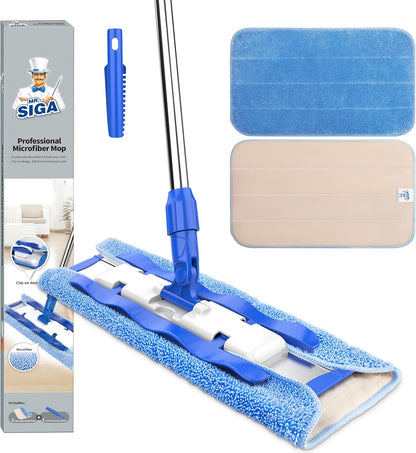 MR.SIGA Professional Microfiber Mop for Hardwood, Laminate, Tile Floor Cleaning, Stainless Steel Telescopic Handle - 3 Reusable Flat Mop Refills and 1 Dirt Removal Scrubber Included