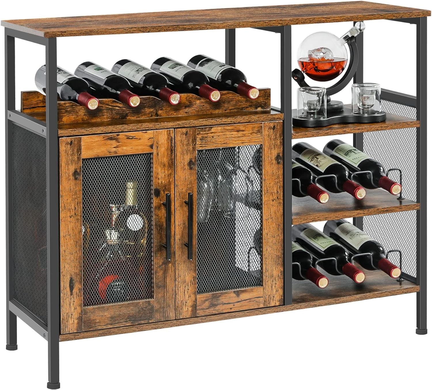 X-Cosrack Wine Bar Rack Cabinet with Detachable Wine Rack, Coffee Bar Cabinet with Glass Holder, Small Sideboard and Buffet Cabinet with Mesh Door, Rustic Brown, Large
