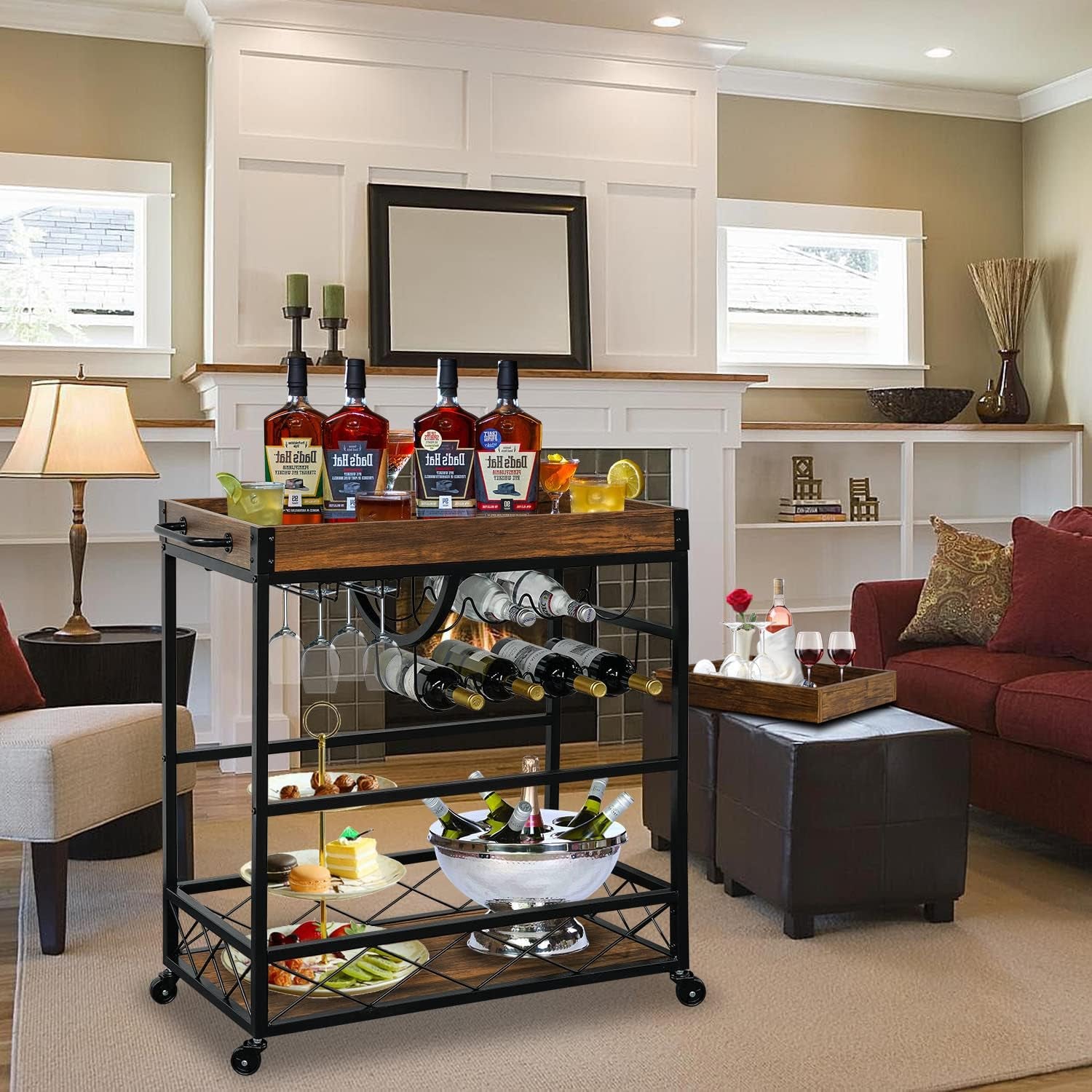 Ohsuaniy Bar Cart for the Home, 3 Tire Industrial Rolling Serving Cart on Lockable Wheels, Alcoholic Beverage Trolley with 2 Removable Trays, Wine Rack and Glass Holder for Indoor, Outdoor