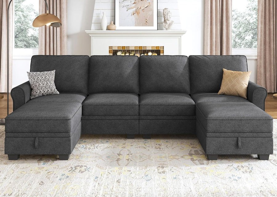 HONBAY Sectional Sofa with Storage Seat U Shaped Sectional Couch with Reversible Chaise Convertible Sectional Couches for Living Room,Dark Grey