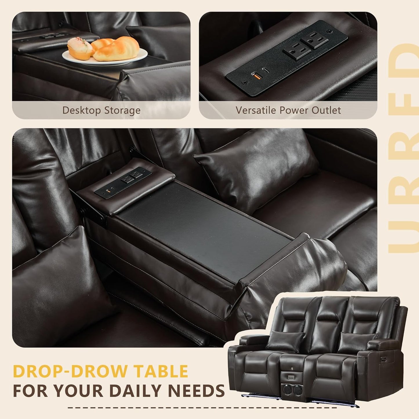 URRED Power Loveseat Recliner Sofa with Center Console, Wall Hugger RV Reclining Couch, Home Theater Seating with LED Lights, Bluetooth Speakers, USB Ports, Outlets, Cup Holders, Side Pockets (Coffee)