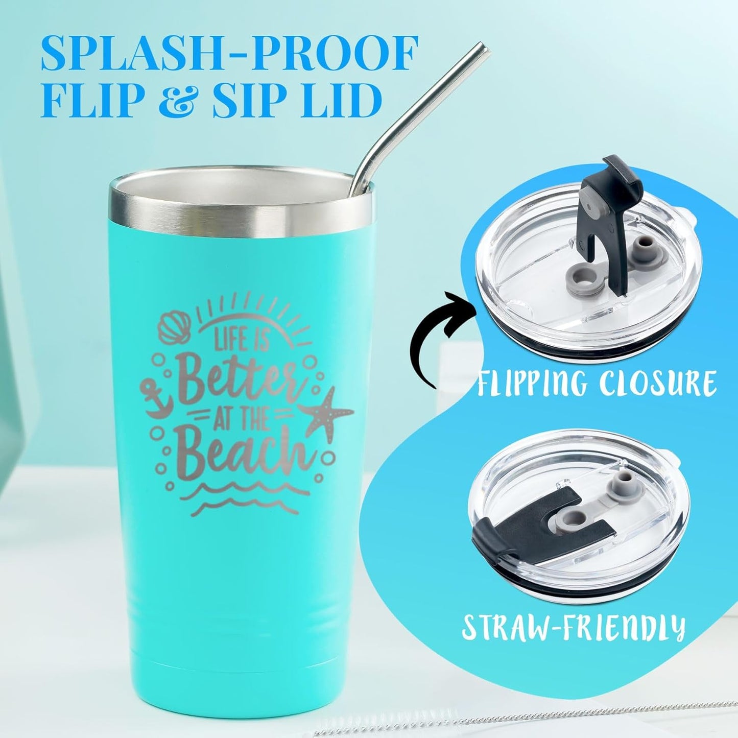Onebttl Beach Gifts for Women or Men, 20Oz Vacuum Insulated Stainless Steel Travel Tumbler with Lid, Beach Themed Gifts, Gifts for Beach Lovers, Blue (Life Is Better at the Beach)