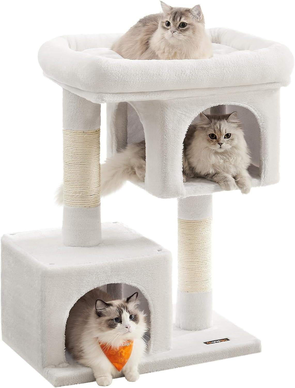 Feandrea Cat Tree, 33.1-Inch Cat Tower, Plush Condo for Large Cats up to 16 Lb, Large Perch, 2 Caves, Scratching Post, Light Gray UPCT61W