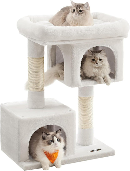 Feandrea Cat Tree, 33.1-Inch Cat Tower, Plush Condo for Large Cats up to 16 Lb, Large Perch, 2 Caves, Scratching Post, Light Gray UPCT61W