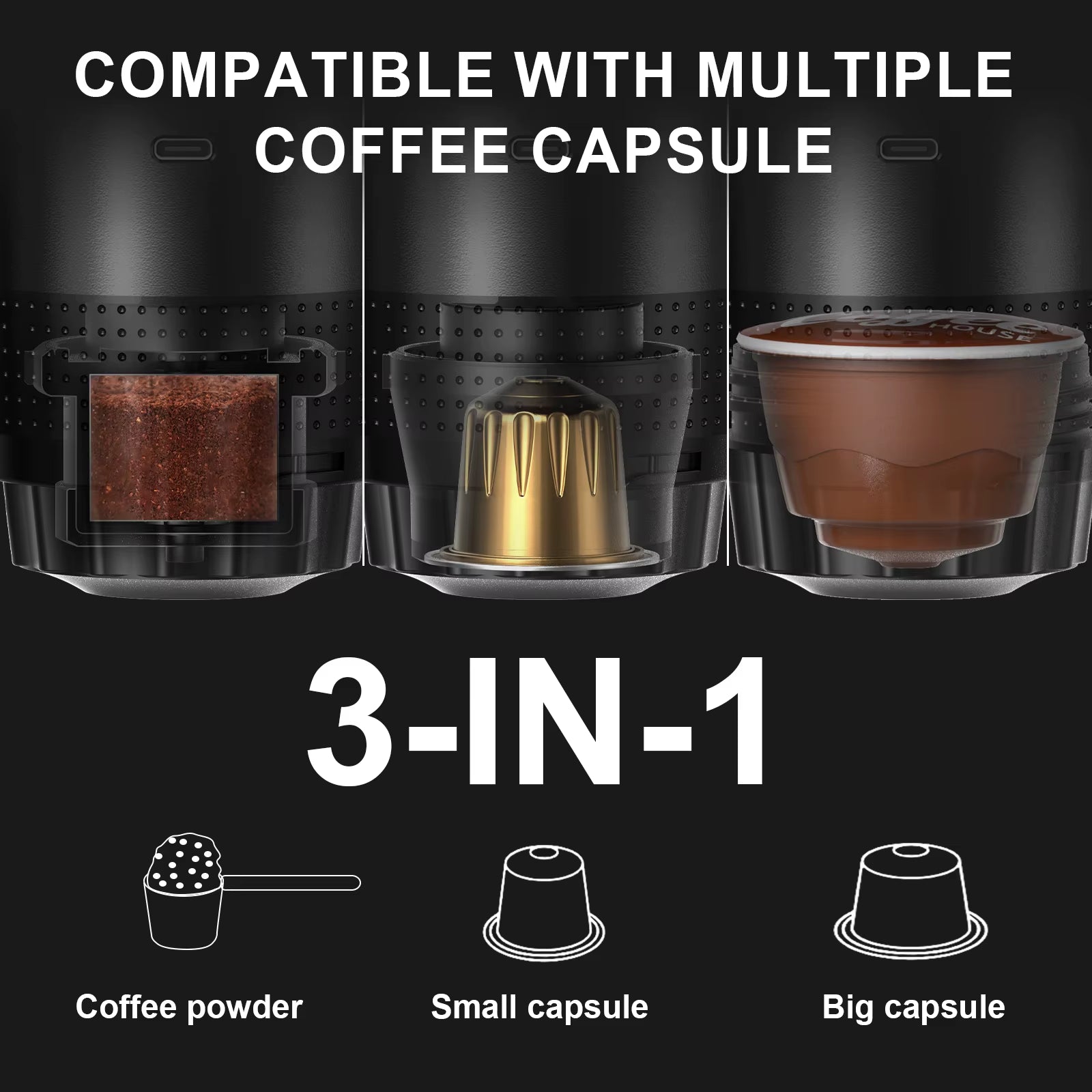Portable Wireless Electric Espresso Coffee Maker for Car and Home - 3-in-1 Capsule and Ground Coffee Travel Machine