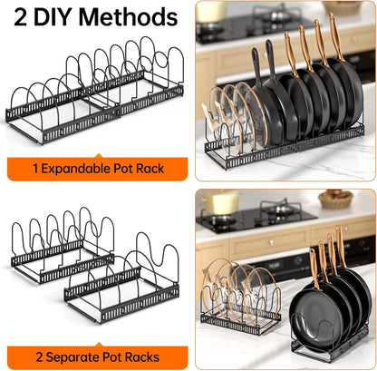 Pots and Pans Organizer Rack for under Cabinet, Expandable 11.71''-22.85'' Pot Lid Kitchen Cabinet Organizer Holder with 10 Adjustable Compartment Cutting Board Organizer for Pan Lid, Bakeware