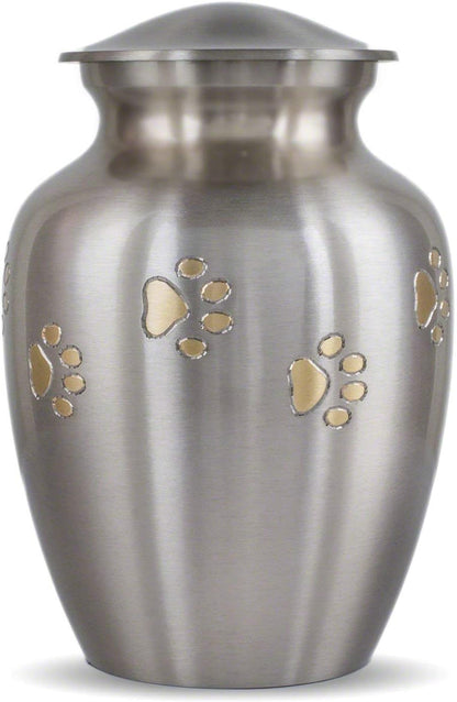 Ottillie Paws Legacy Series Pet Urn for Dogs and Cats, Handmade Brass Memorial Cremation Urn (Small - Pets up to 25 Lbs, Pewter, Vertical Brass Paws)