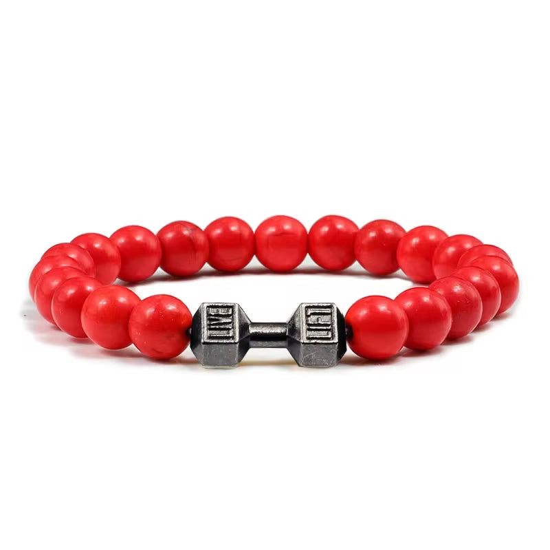 ForgeFit™ Volcanic Stone Fitness Bracelet / Natural Volcanic Stone Bracelet Men Matte Black Lave White Beads Charm Dumbbell Strand Bracelets Women Barbell Fitness Jewelry