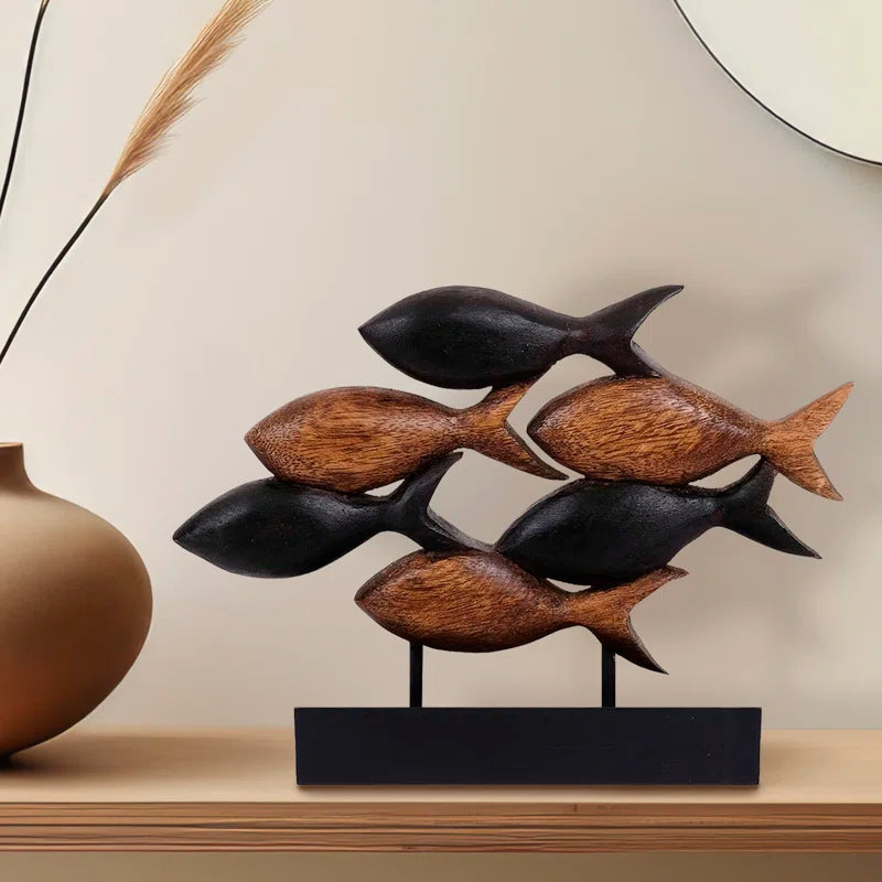 Macaulay School of Fish Sculpture Solid Acacia Wooden Sculpture 10 Inch Nature Sculpture Handmade Home Decor
