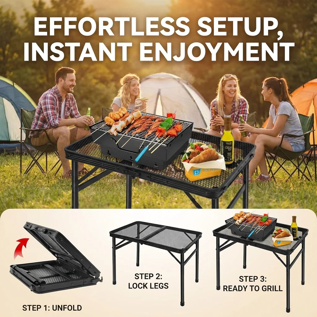 Tiagowell Lightweight Folding Grill Table with Mesh Desktop, Camping Table Folding Portable Camp Aluminum ,Picnic, Backyard, BBQ, Patio, Black