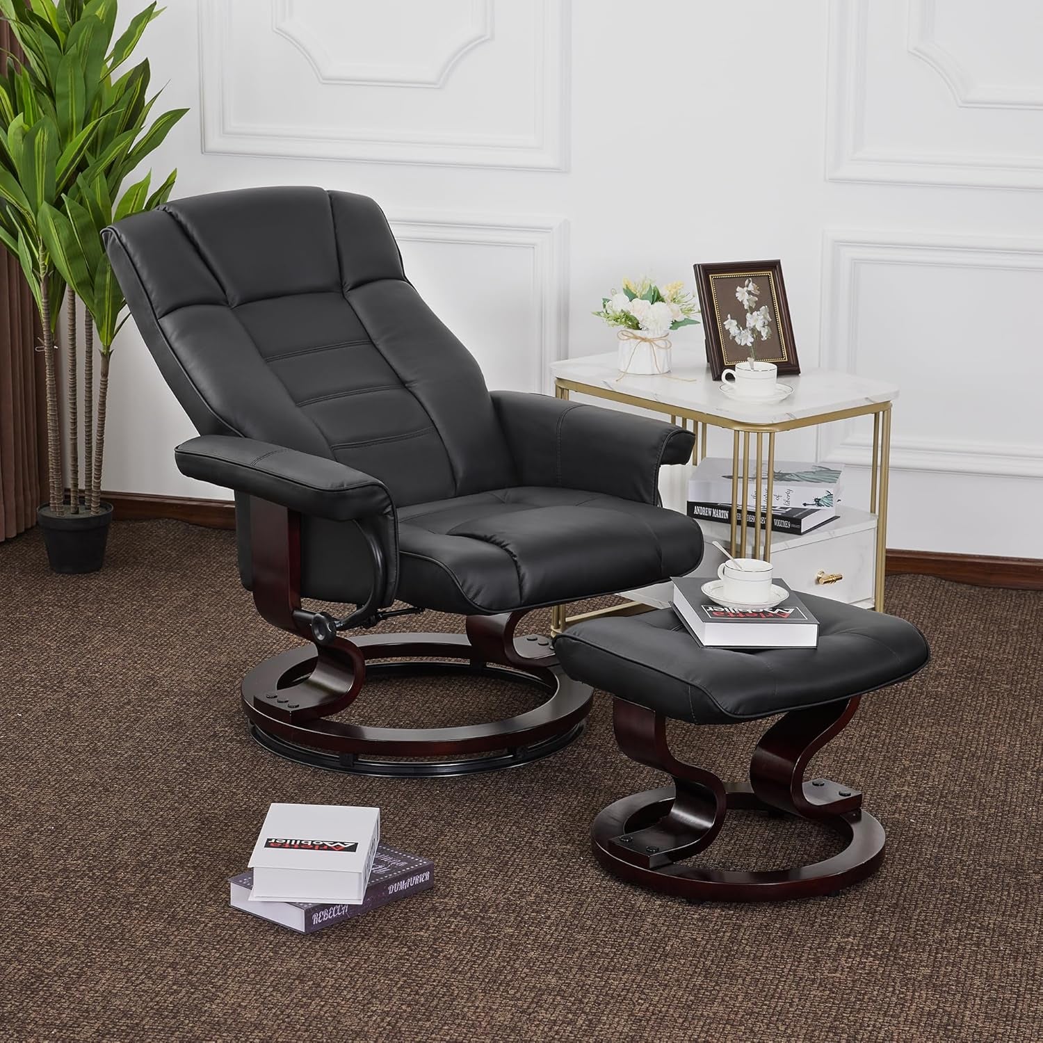 Mcombo Manual Swivel Recliner with Ottoman, Chair Ottoman Set for RV Small Spaces, Living Room, Bedroom, Office 9019 4919 (Faux Leather, Black)