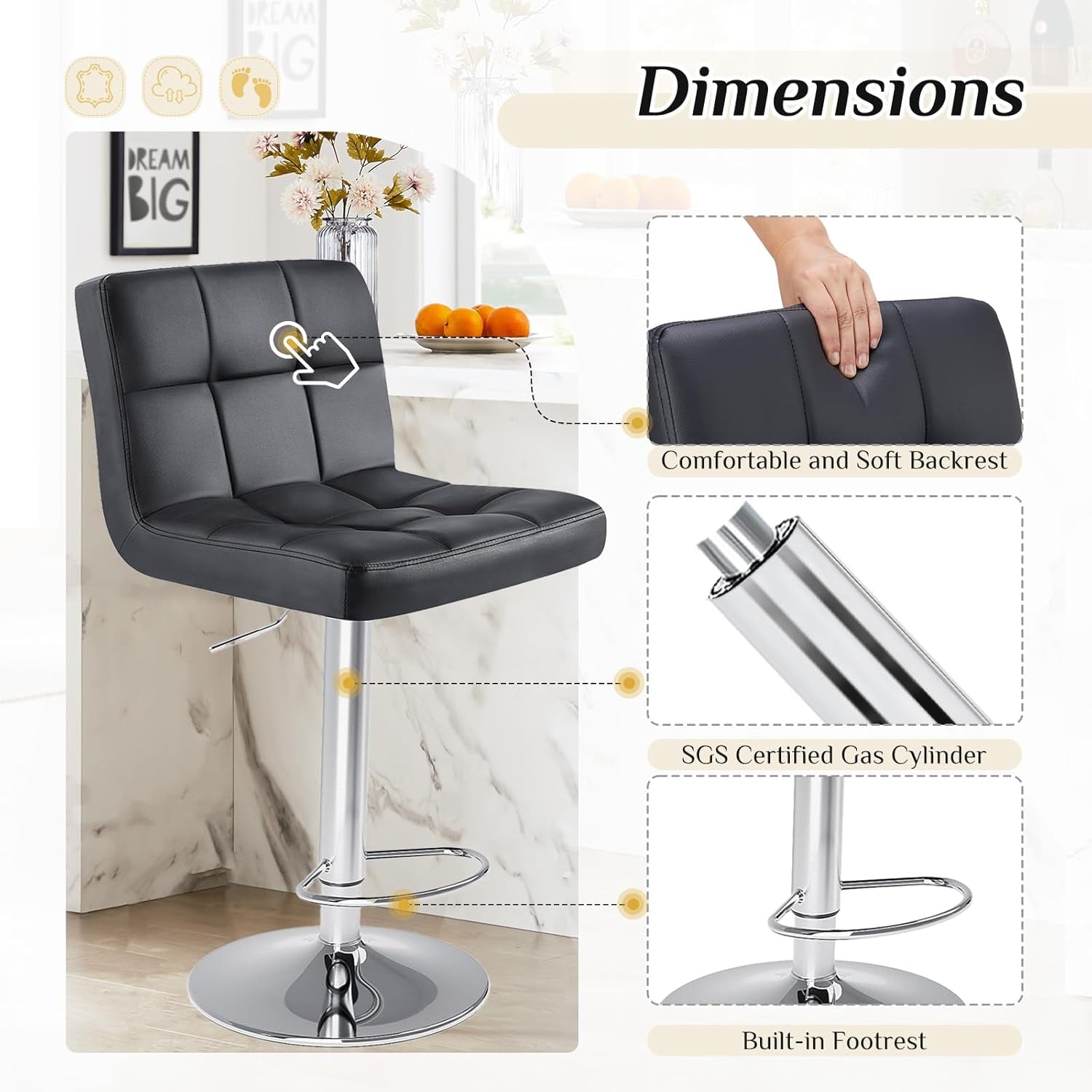 DUMOS Bar Stools Set of 4, 24 Inch Counter Height Bar Stools, Upholstered Modern Kitchen Barstools with Metal Base, PU Leather Saddle Stools for Kitchen Island, Black