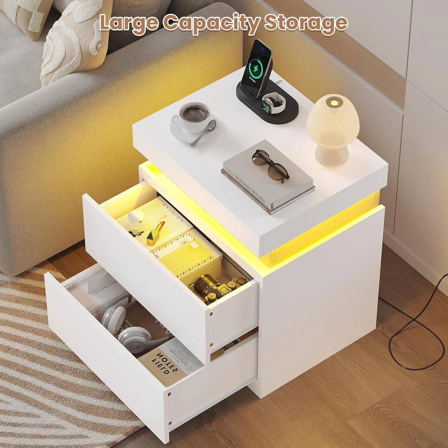 Bedroom Nightstand Charging Station LED Lights Sliding Top Drawers