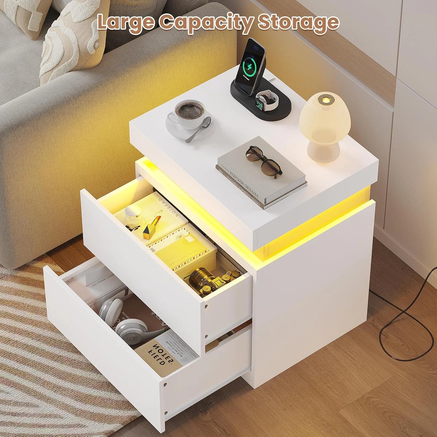 Bedroom Nightstand Charging Station LED Lights Sliding Top Drawers