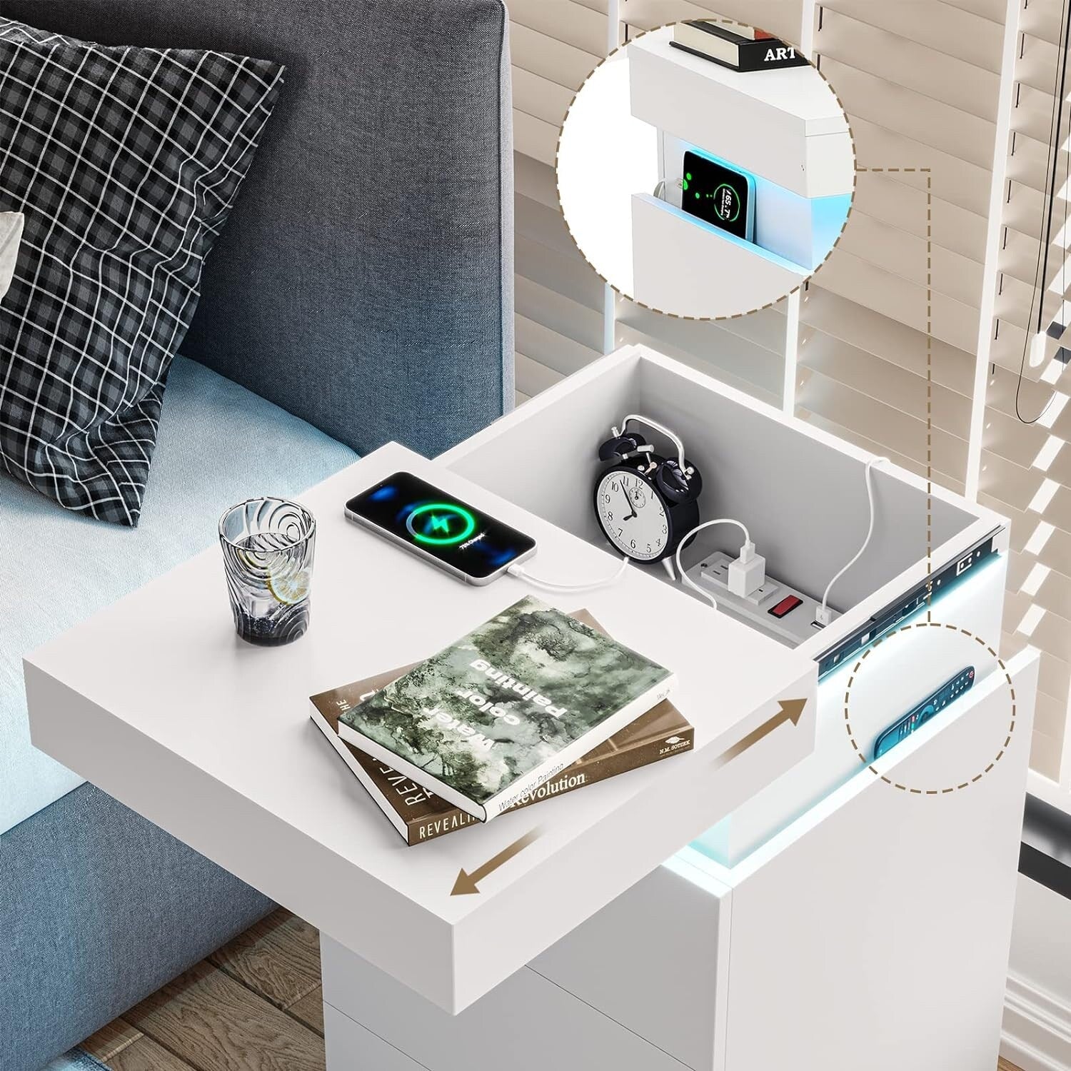 Bedroom Nightstand Charging Station LED Lights Sliding Top Drawers