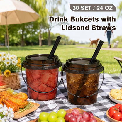 Kesaplan 30 Pack 24Oz Drink Buckets with Lids and Straws, Black Bucket Cups Reusable,Stackable,With Handle,Ideal for Iced Coffee,Bubble Tea,Lemonade,Holiday and Party Use