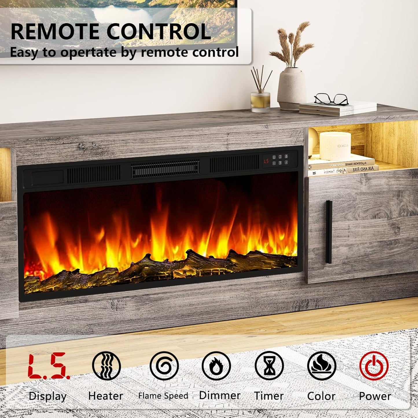 Tavata Fireplace TV Stand Entertainment Center with 36" Fireplace, 70" Wooden TV Console for Tvs up to 80", Modern TV Stands for Living Room with High Gloss Storage Cabinet and LED Lights (Grey)