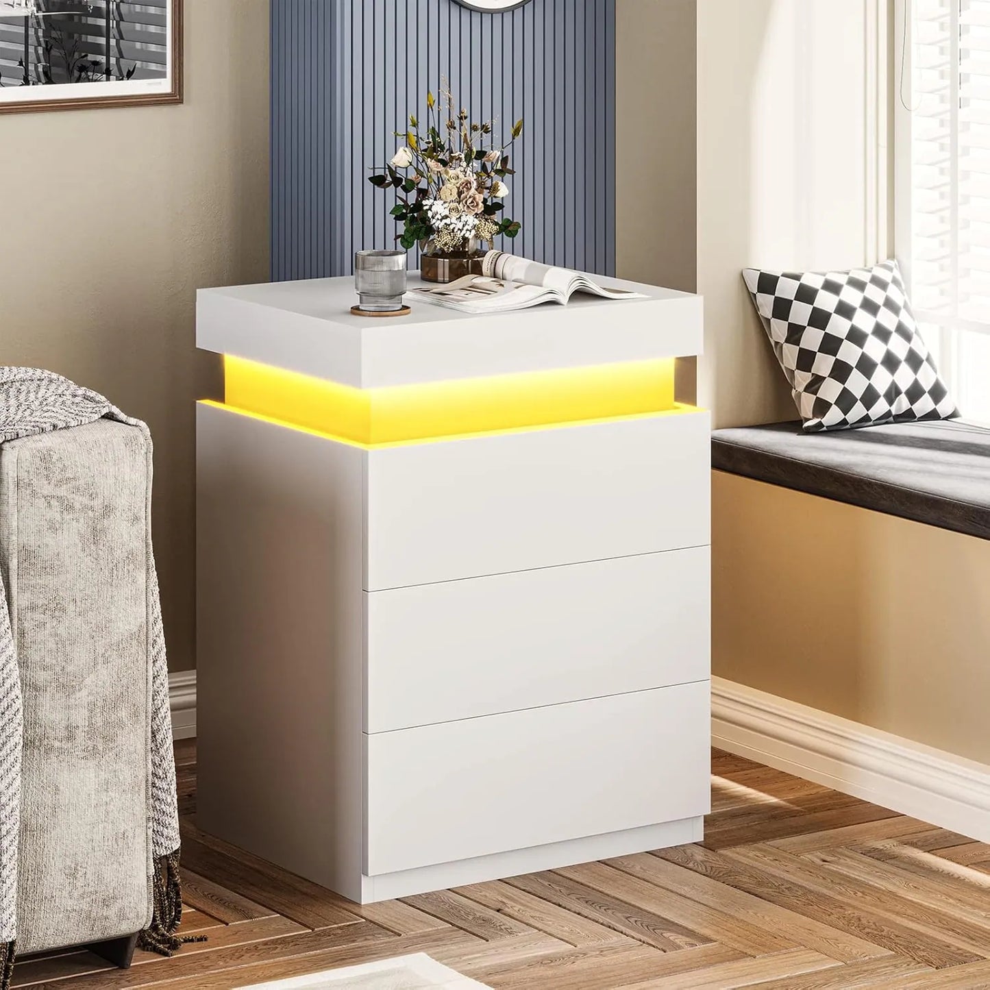 Bedroom Nightstand Charging Station LED Lights Sliding Top Drawers