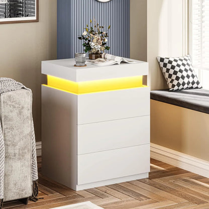 Bedroom Nightstand Charging Station LED Lights Sliding Top Drawers