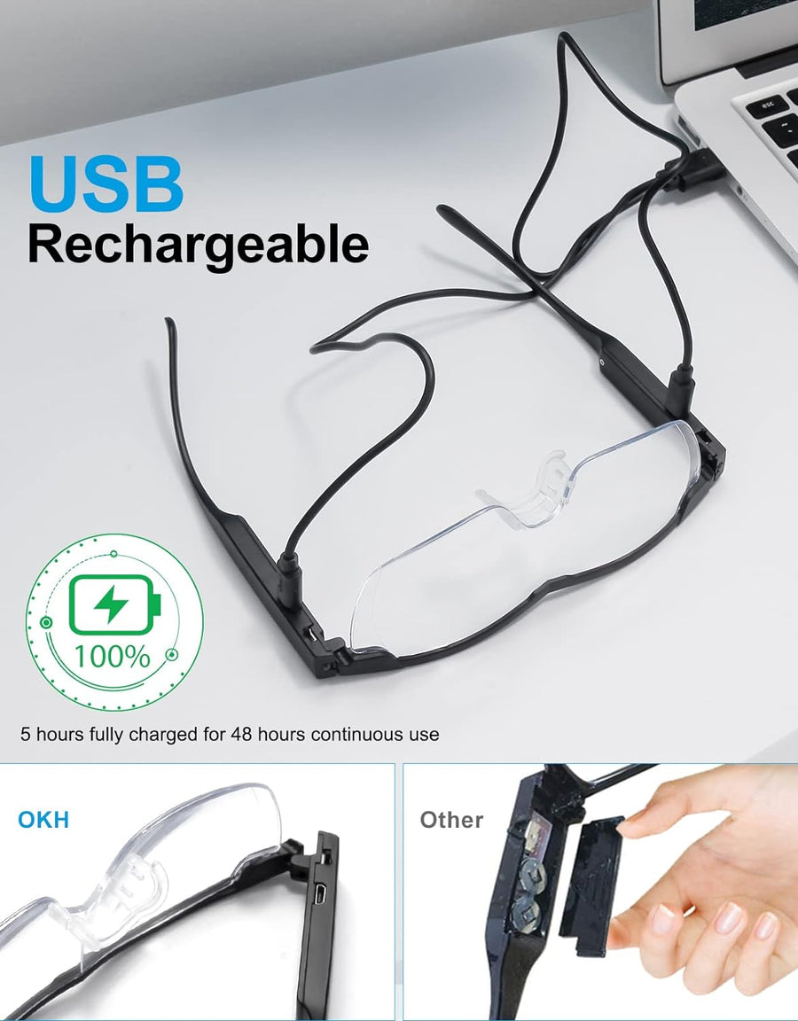 OKH LED Magnifying Glasses – Hands-Free 2X Magnification with USB Rechargeable Lights