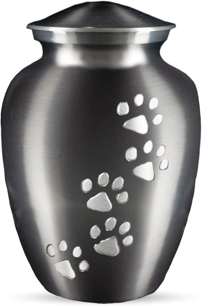 Ottillie Paws Legacy Series Pet Urn for Dogs and Cats, Handmade Brass Memorial Cremation Urn (Small - Pets up to 25 Lbs, Pewter, Vertical Brass Paws)