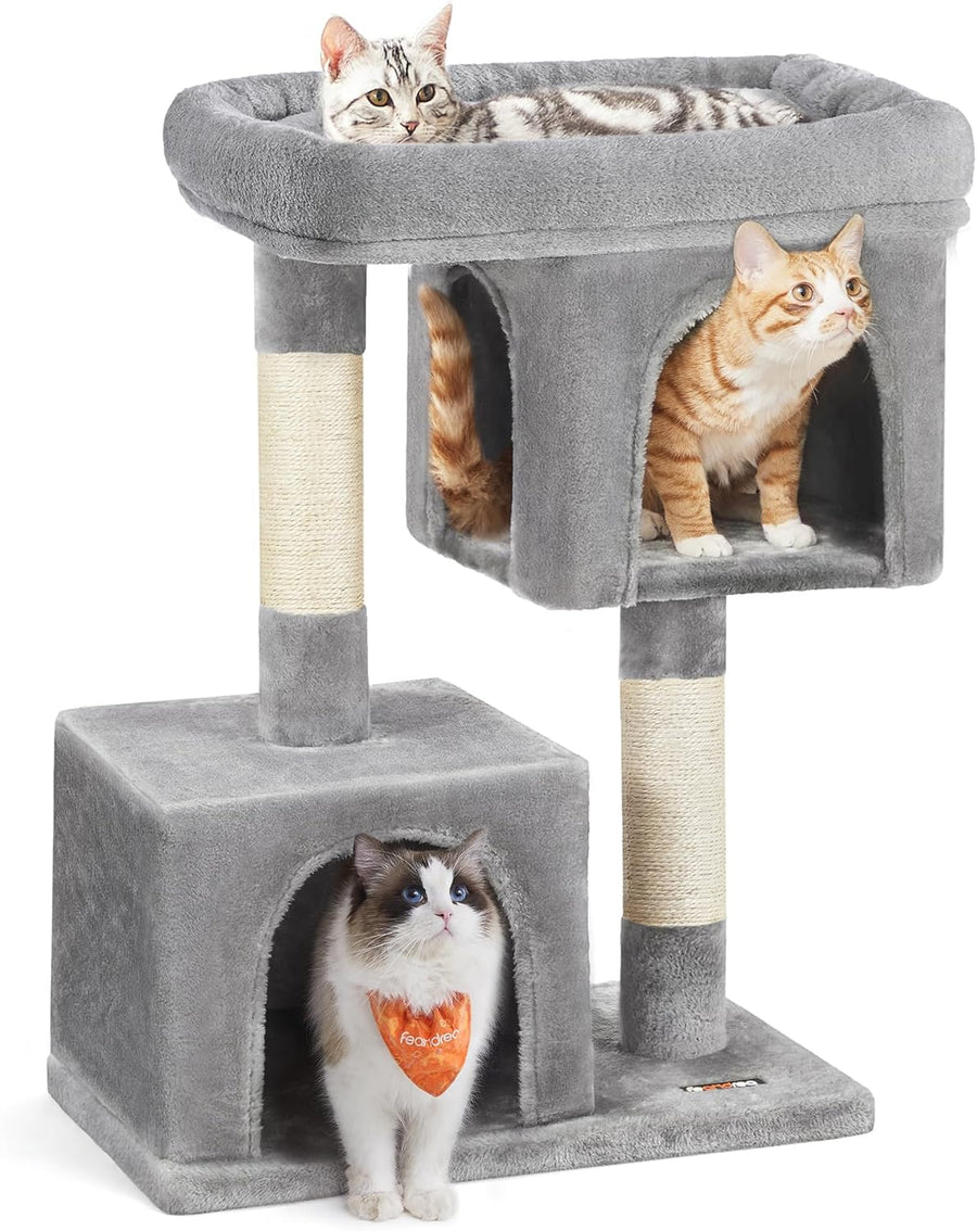 Feandrea Cat Tree, 33.1-Inch Cat Tower, Plush Condo for Large Cats up to 16 Lb, Large Perch, 2 Caves, Scratching Post, Light Gray UPCT61W