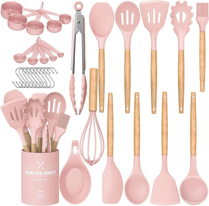 Umite Chef Kitchen Cooking Utensils Set, 33 Pcs Non-Stick Silicone Cooking Kitchen Utensils Spatula Set with Holder, Wooden Handle Silicone Kitchen Gadgets Utensil Set (Khaki)