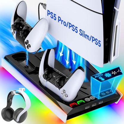 Ps5/Slim/Pro Cooling Station with Auto Turbofan & 3-Level Speed, PS5 Vertical Stand Cooling Fan Station with Controller Charger, Accessories Base Cooler Docking Station for Sony Playstation 4 Charger
