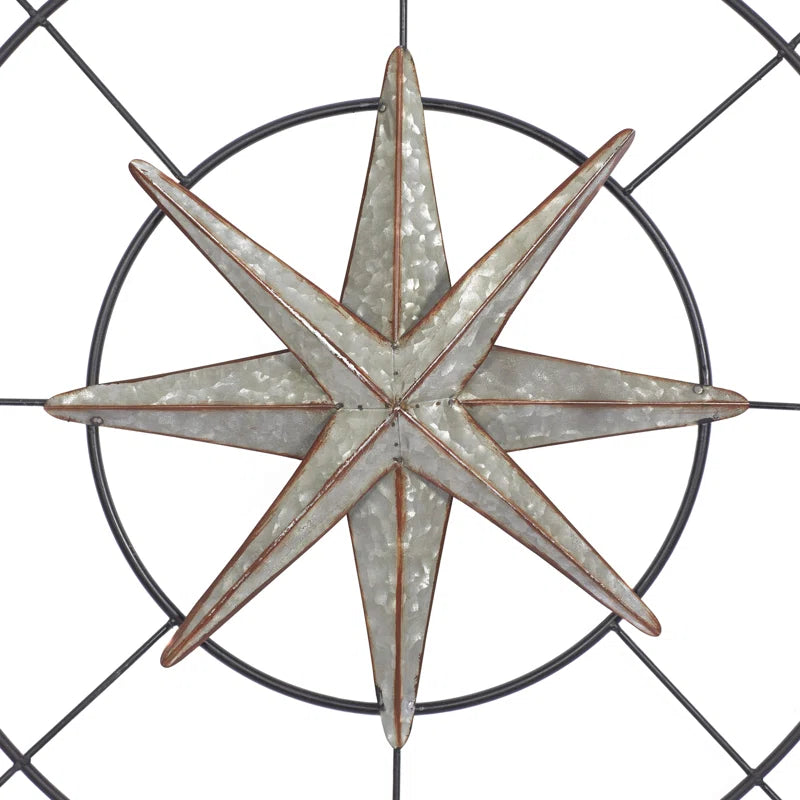 Metal Indoor Outdoor Compass Home Gray Wall Decor with Distressed Copper like Finish