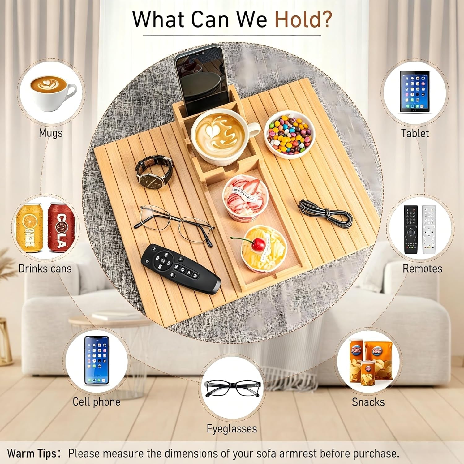 Yoshiky Bamboo Couch Armrest Table, Couch Arm Tray with Removable Couch Cup Holder, 2 in 1 Design Foldable Anti-Slip Bamboo Couch Tray and Sofa Cup Holder for Drink