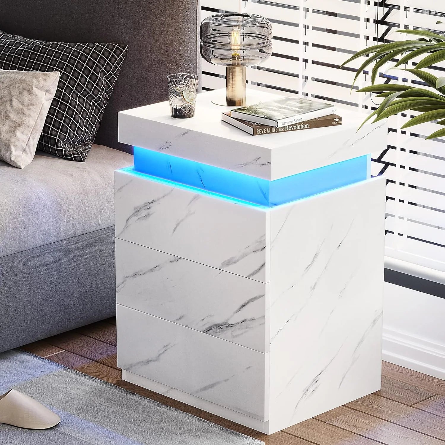 Bedroom Nightstand Charging Station LED Lights Sliding Top Drawers