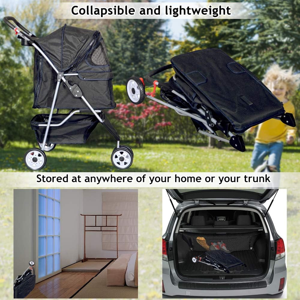 Dkeli 3-Wheel Pet Stroller, Lightweight Foldable Dog Stroller for Small Medium Dogs & Cats, Breathable Mesh & Weather Cover with Storage Basket, for Daily Walk Outdoor Travel (Black)
