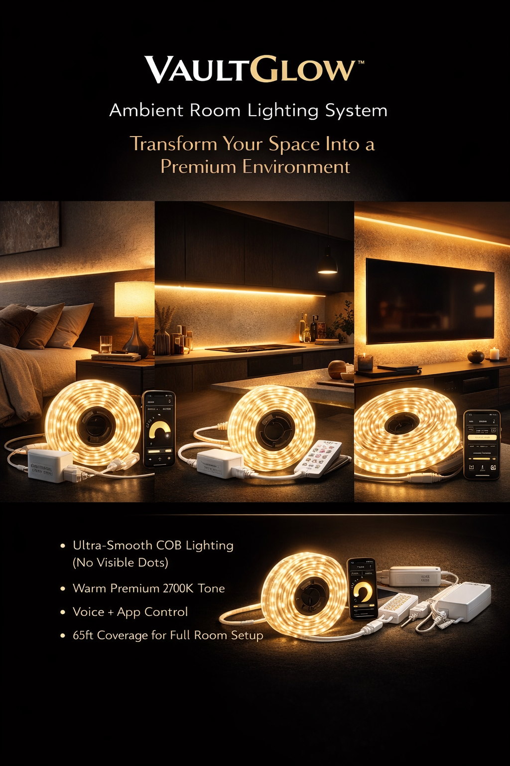 VaultGlow Ambient Room Lighting System ED Strip Lights 65.6ft/20m Warm White 2700K LED Light Strip,Compatible with Alexa/Google Assistant,Dimmable LED Strips for Bedroom,Cabinet,Living Room,CRI93+ Super Bright High Lumen