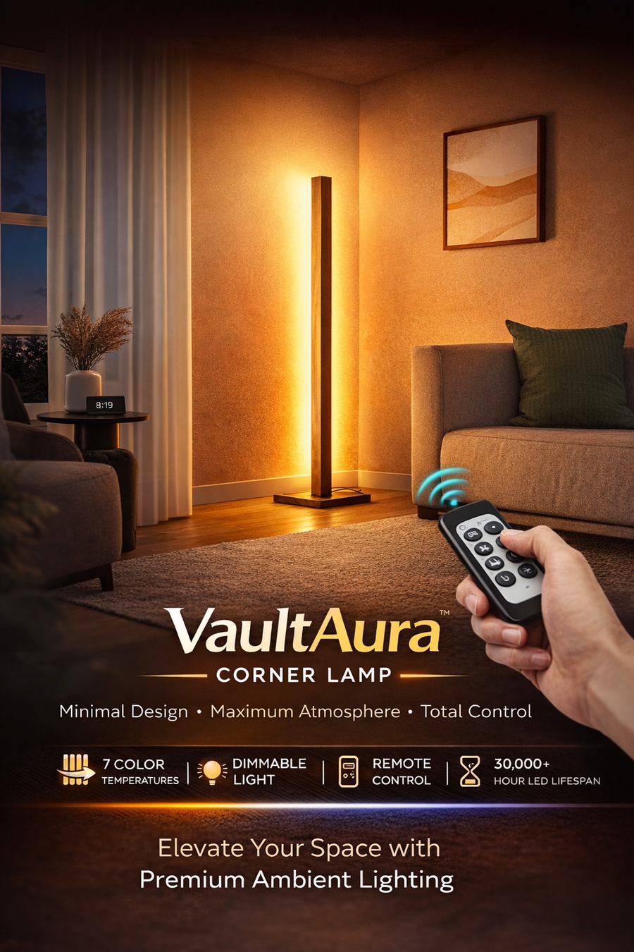VaultAura™ Corner Lamp Wood LED Corner Floor Lamp, Modern Dimmable Light with Remote, Minimalist Standing Floor Lamps for Living Room, Bedroom, Office, 7 Color Temperature 2700~6000K, 48.43"