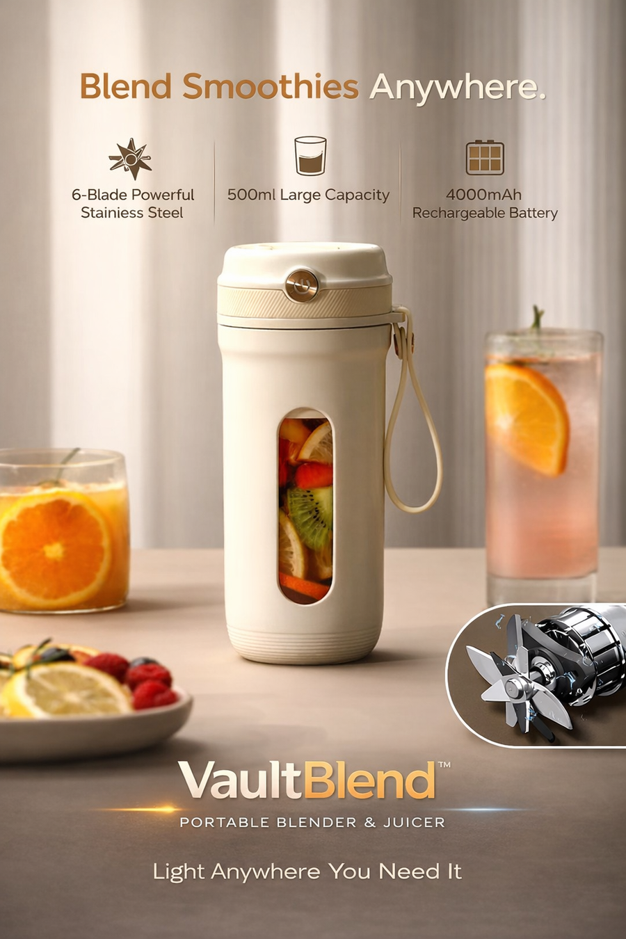 Vault Blend™ Portable Blender Portable Blender Electric Juicer Machine with 10 Stainless Steel Blades USB Rechargeable Fresh Fruit Mixers Mini Juice Maker