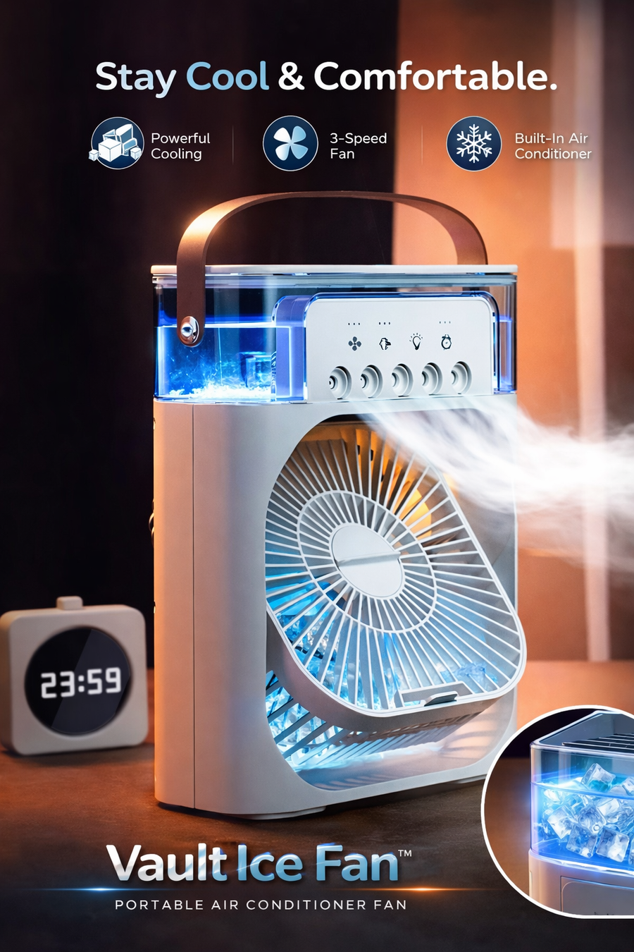 Vault IceFan™ — 3-in-1 Portable Air Cooler | Mini AC, Fan, Humidifier + LED Night Light for Home, Office & Travel