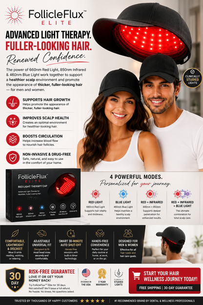Follicle Flux™ Elite Advanced Multi-Spectrum Hair Wellness System Red Light Therapy Hat for Hair Growth, 4 Modes LED Hair Therapy Cap with 660Nm Red Light 460Nm Blue Light & 850Nm Infrared Light, Hands Free Scalp Care Hat for Men & Women Thicker Looking H