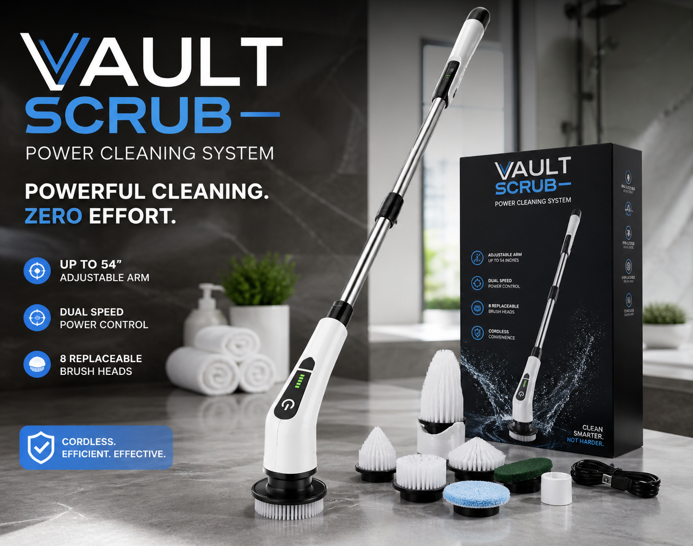 VaultScrub™ Power Cleaning System Leebein Electric Spin Scrubber, Cordless Cleaning Brush with 8 Replaceable Brush Heads, Tub and Floor Tile 360 Power Scrubber Dual Speed with Adjustable & Detachable Handle for Bathroom Kitchen Car
