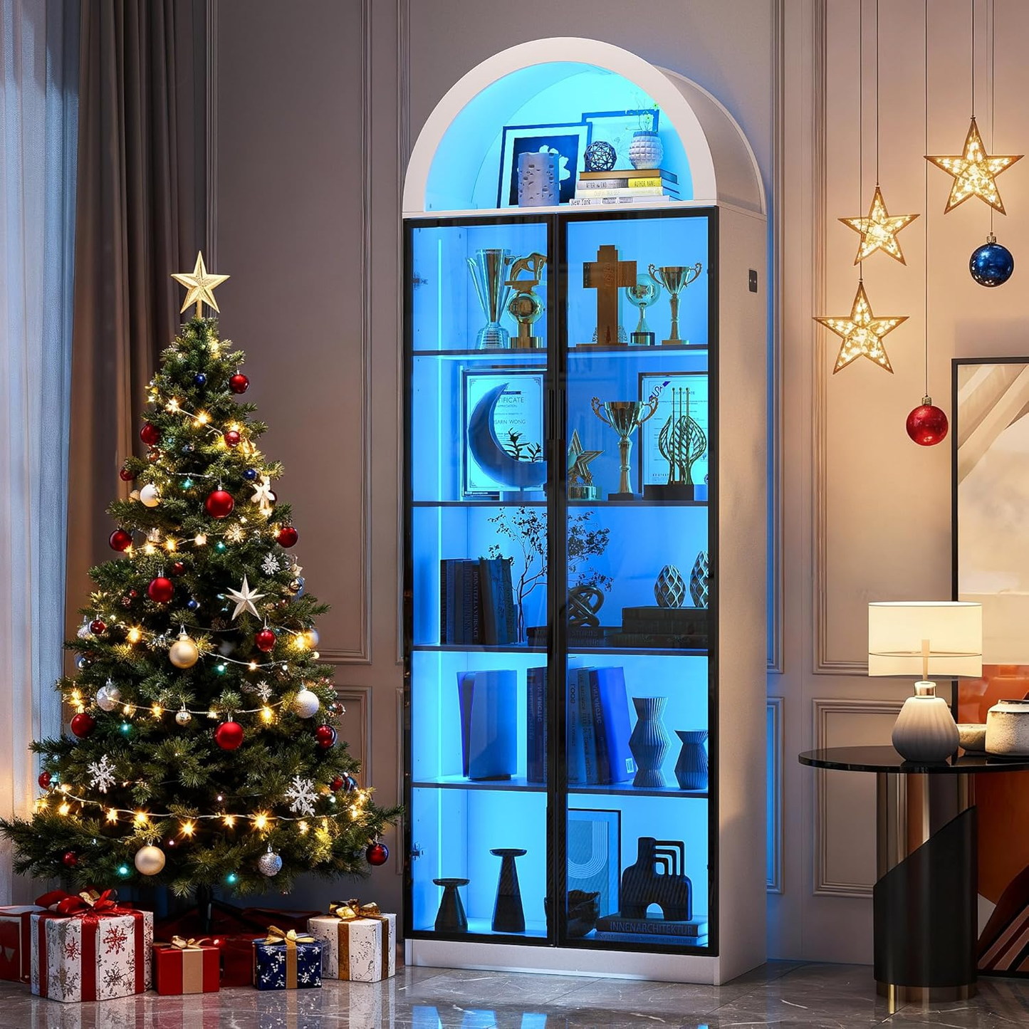 Display Cabinet with Doors and Adjustable Shelves, 65" Tall Bookcase with LED Lights/Human Sensor, 5 Tier Display Case for Collectibles Bedroom Living Room Office, Black