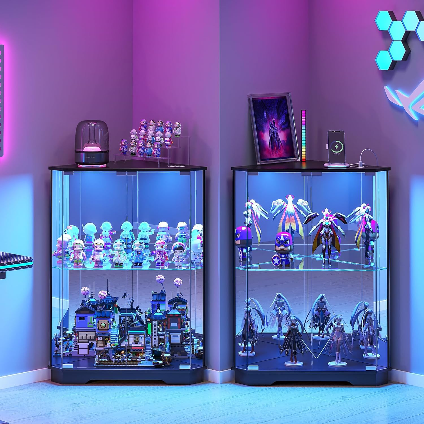 Display Cabinet with Doors and Adjustable Shelves, 65" Tall Bookcase with LED Lights/Human Sensor, 5 Tier Display Case for Collectibles Bedroom Living Room Office, Black