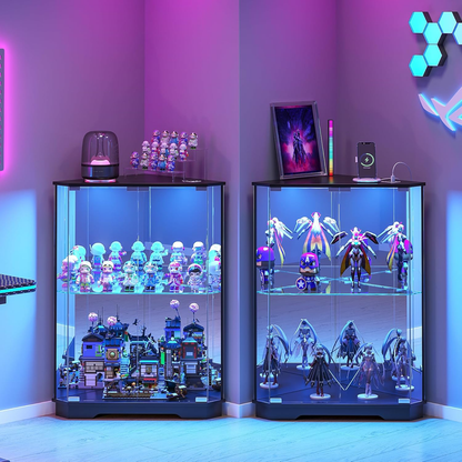 Display Cabinet with Doors and Adjustable Shelves, 65" Tall Bookcase with LED Lights/Human Sensor, 5 Tier Display Case for Collectibles Bedroom Living Room Office, Black