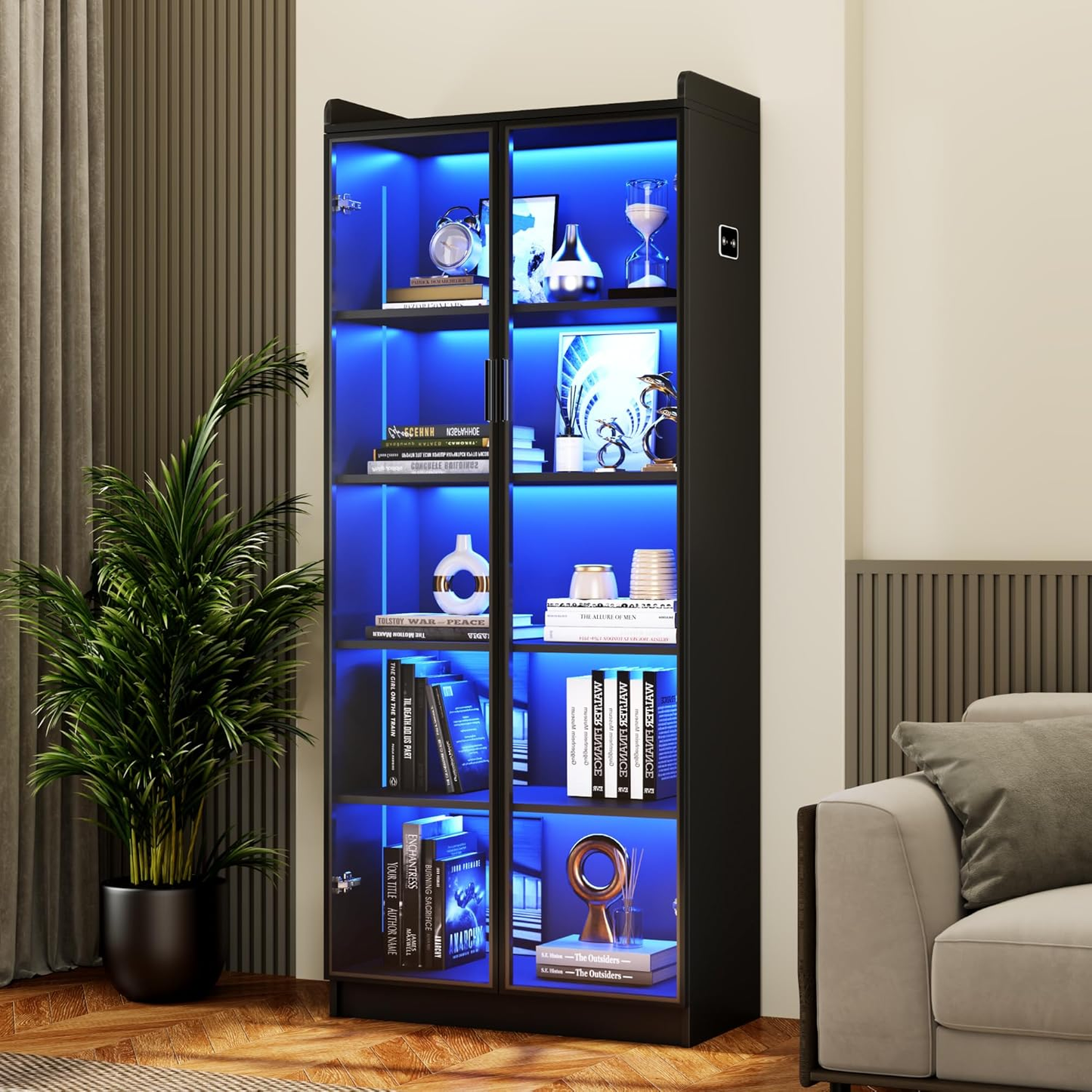 Display Cabinet with Doors and Adjustable Shelves, 65" Tall Bookcase with LED Lights/Human Sensor, 5 Tier Display Case for Collectibles Bedroom Living Room Office, Black