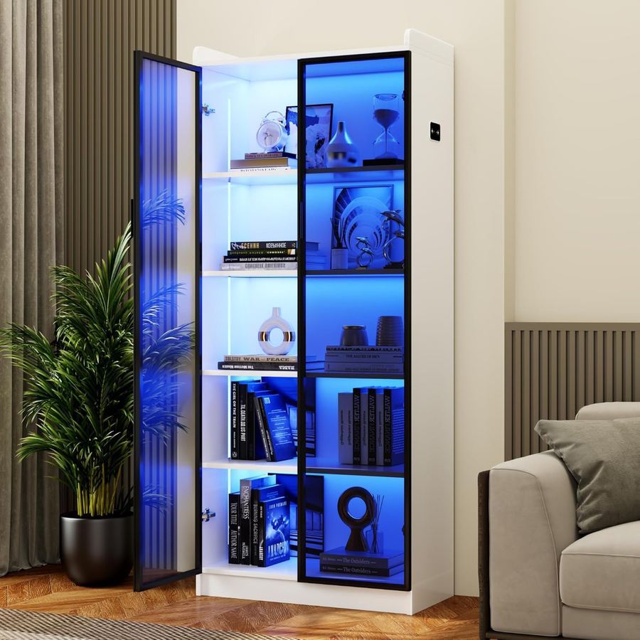 Display Cabinet with Doors and Adjustable Shelves, 65" Tall Bookcase with LED Lights/Human Sensor, 5 Tier Display Case for Collectibles Bedroom Living Room Office, Black
