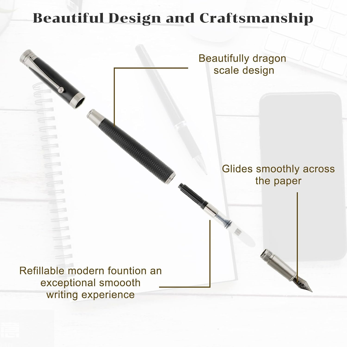 Luxury Black & Gold Dragon-Scale Fountain Pen Set